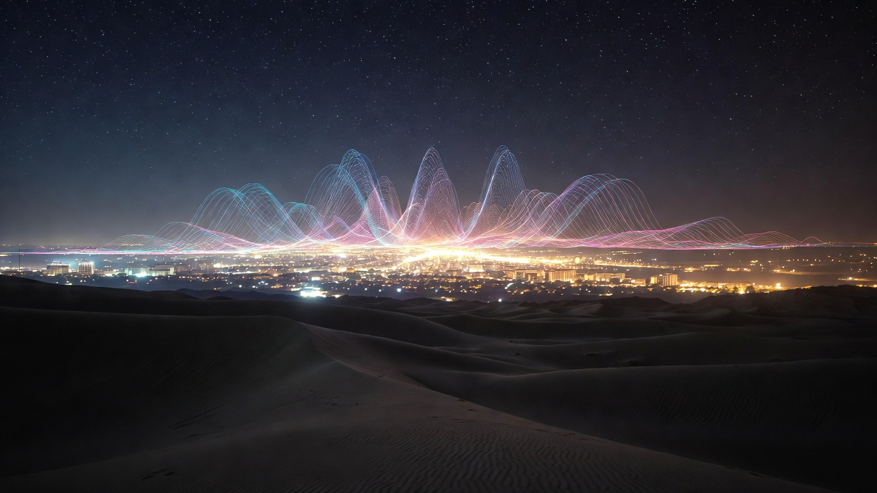 Glowing sound waves rising over a city at night, seen from desert dunes